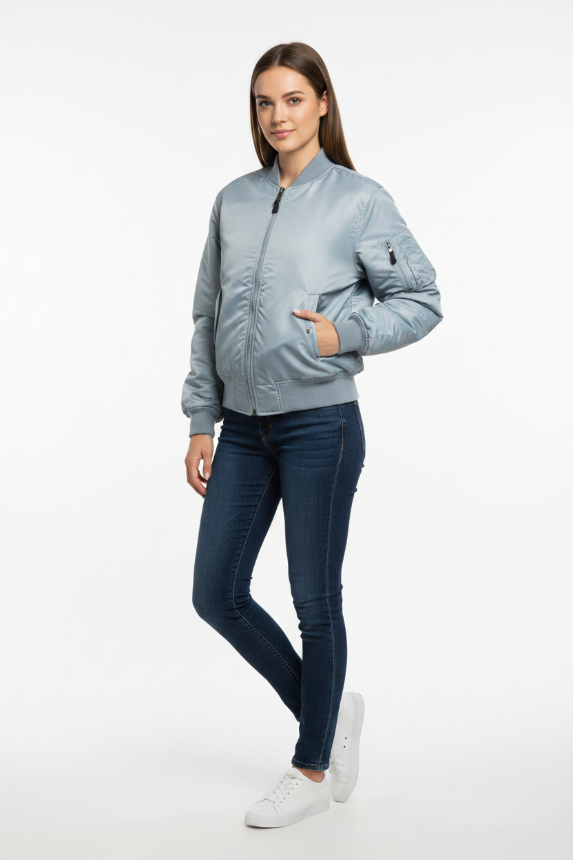 Silver MA1 Female Fashion Pose - Zip Closed