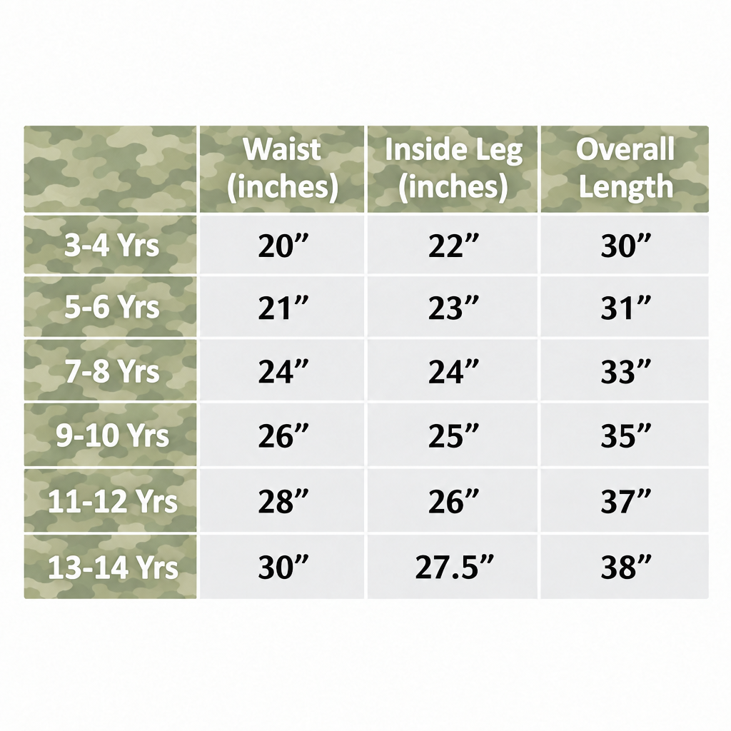 Size chart with light camouflage cells in progress