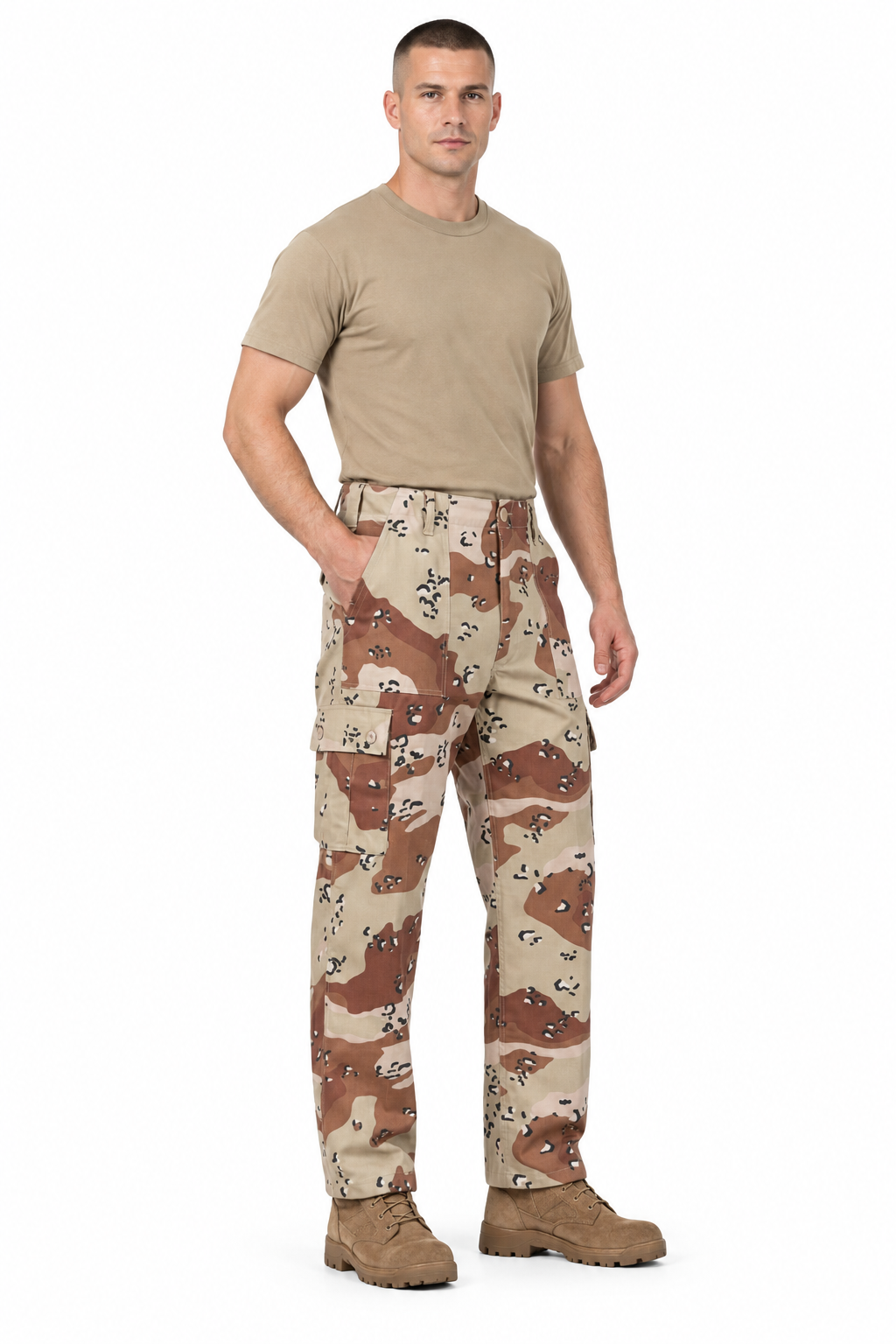 Soldier wearing desert camouflage trousers, a tan T-shirt and brown desert boots on a white background