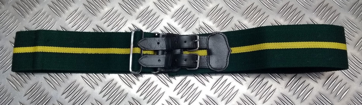 Stable Belt 64mm Green with Yellow Stripes Double Leather Strap UK Made Large