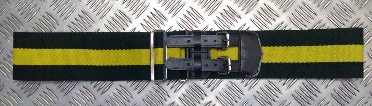Stable Belt 75mm Green with Yellow Stripes Double Leather Straps UK Made MED