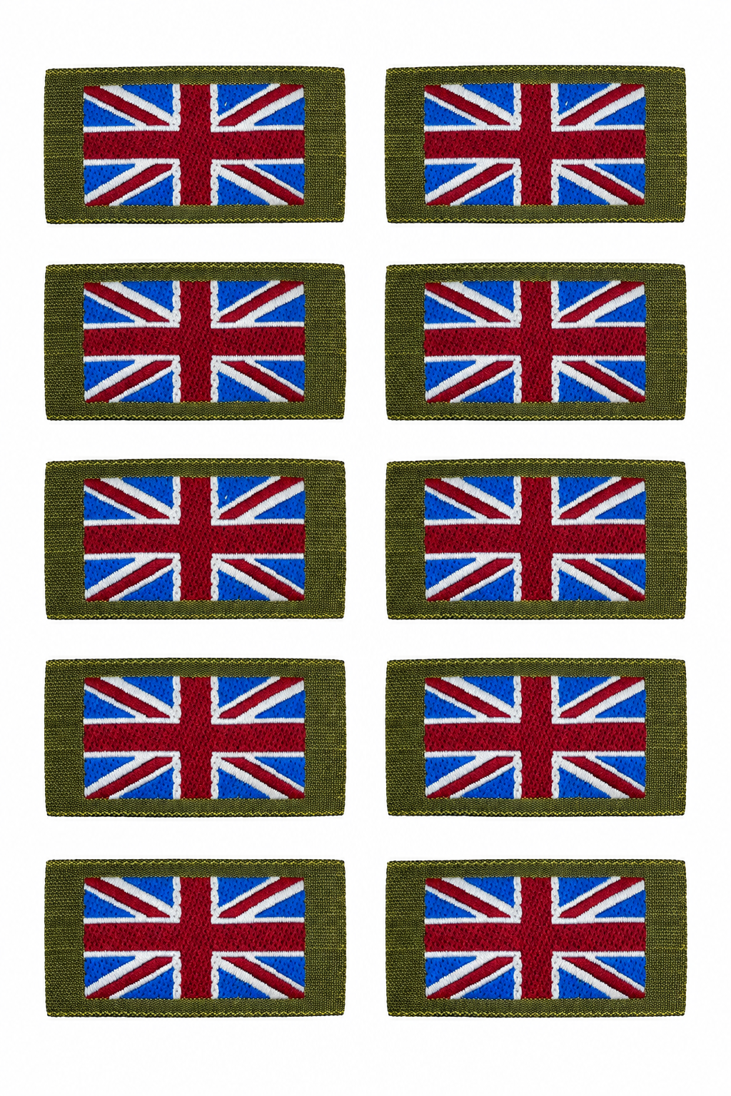 Ten Union Jack patches evenly spaced on white