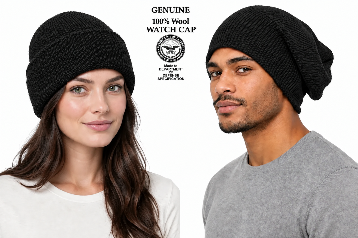 Two models wearing black watch caps