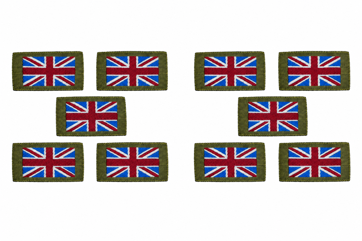 Two sets of five flag patches arranged like the five face of a dice