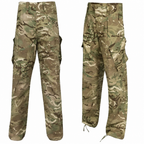Two views of camouflage trousers with subtle used appearance