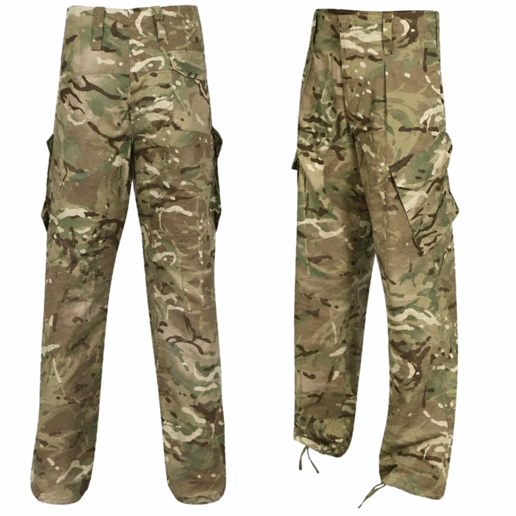 Two views of camouflage trousers with subtle used appearance