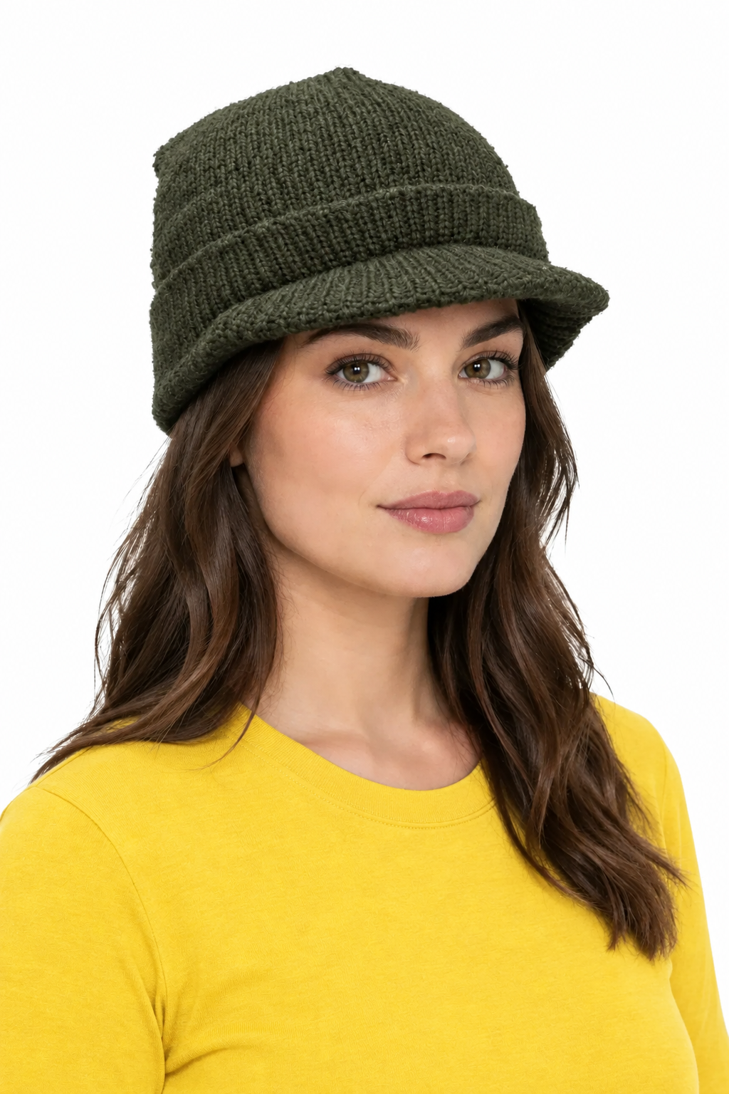 Woman wearing an olive-green hat and yellow T-shirt
