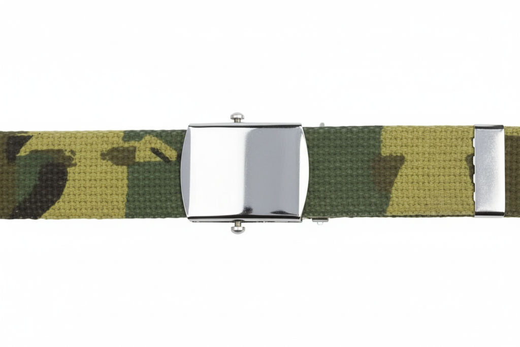 Woodland Camo Belt - Chrome Detail Close-up