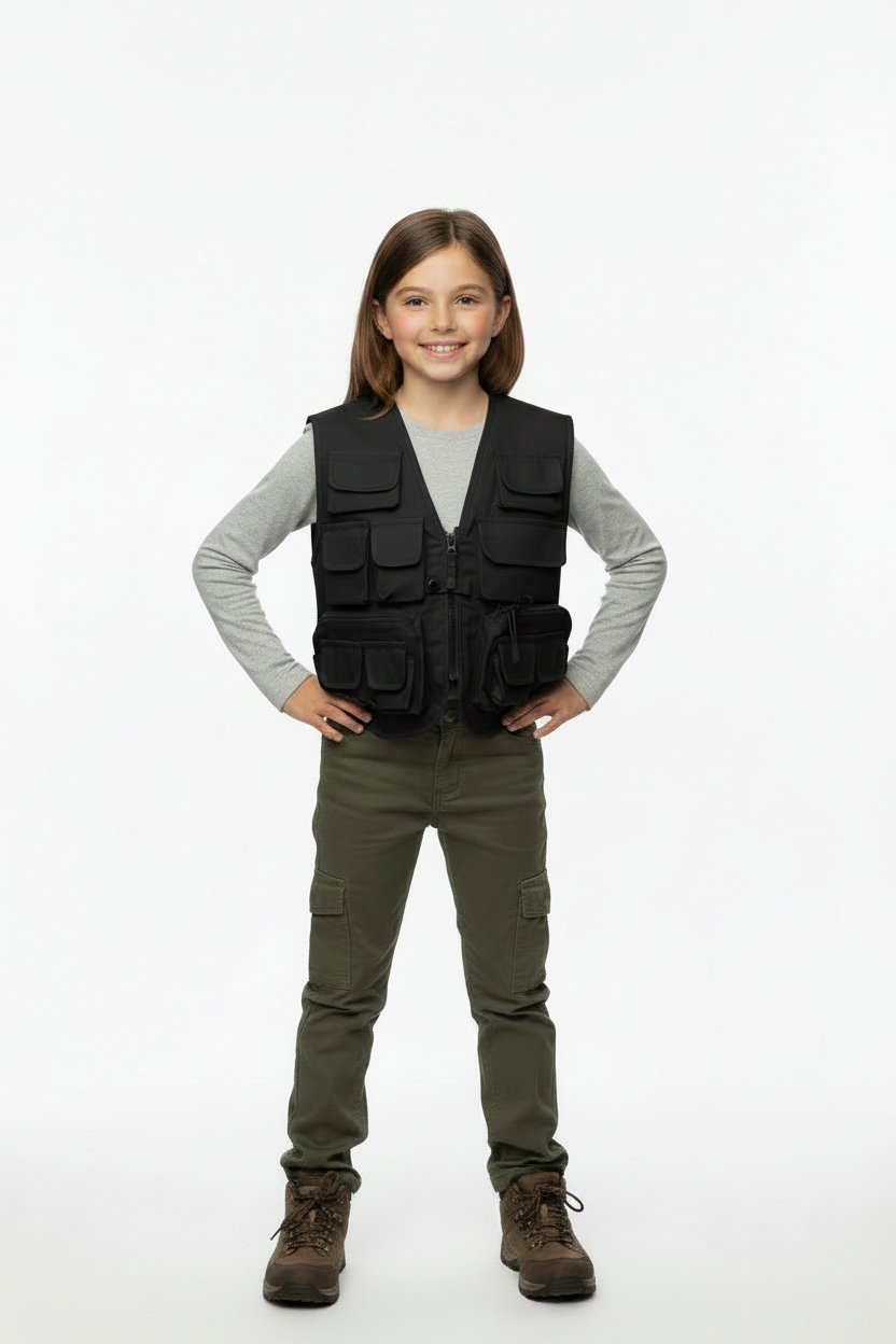 Young girl in adventurer stance wearing black combat vest