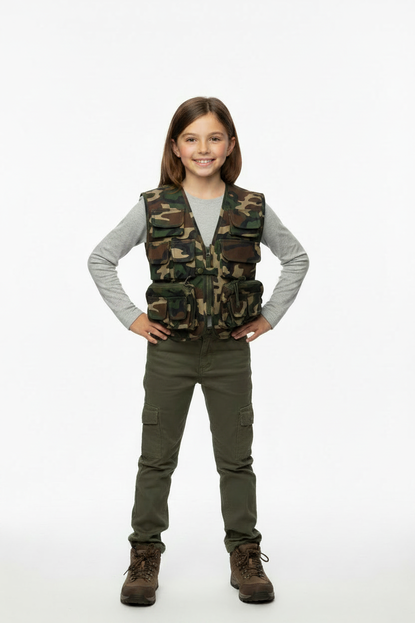 Young girl in adventurer stance wearing correct woodland camo combat vest