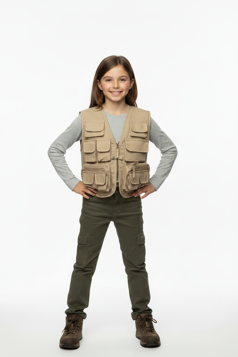 Young girl in adventurer stance wearing khaki beige combat vest