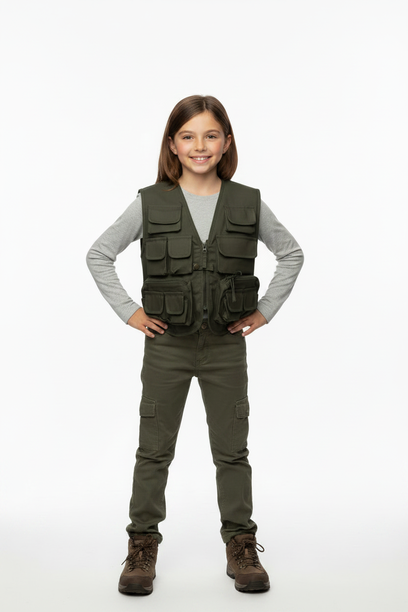 Young girl in adventurer stance wearing olive green combat vest